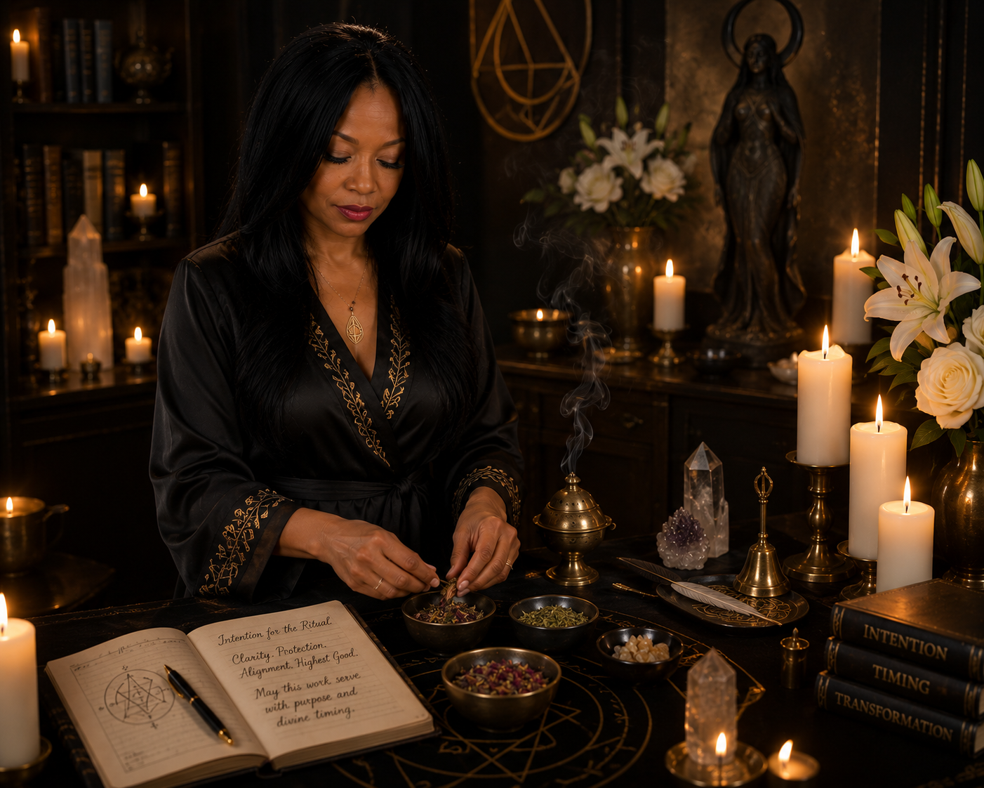 High Priestess Goddess Rachel Preparing Spiritual Work for a Client.