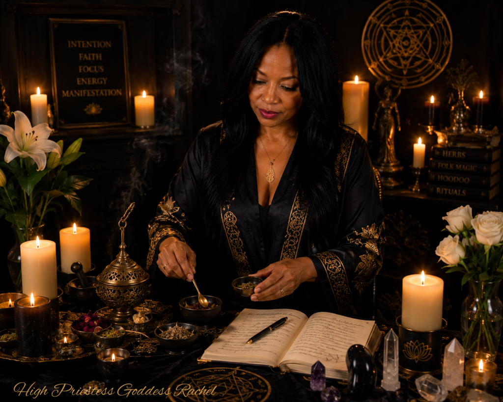 High Priestess Goddess Rachel Preparing Spiritual Work for a Client.